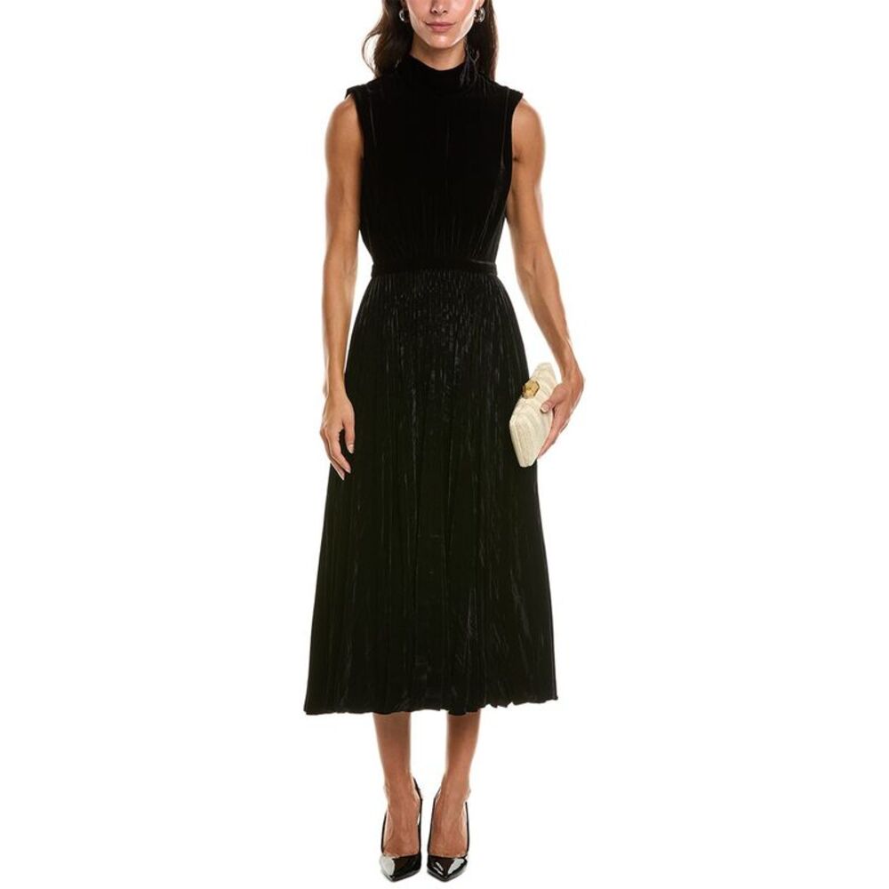 Saloni Womens  Fleur Liquid Velvet Silk-Blend Midi Dress, Black